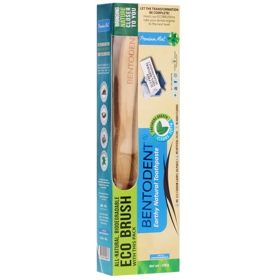 BENTODENT TOOTHPASTE 100% Organic Mint Paste for Fresh Breath and Healthy Gums with Toothbrush, SLS and Fluoride-Free,Gentle Cleaning, Whitening Action, Safe for Kids and Adults, (Mint Toothpaste +Toothbrush)