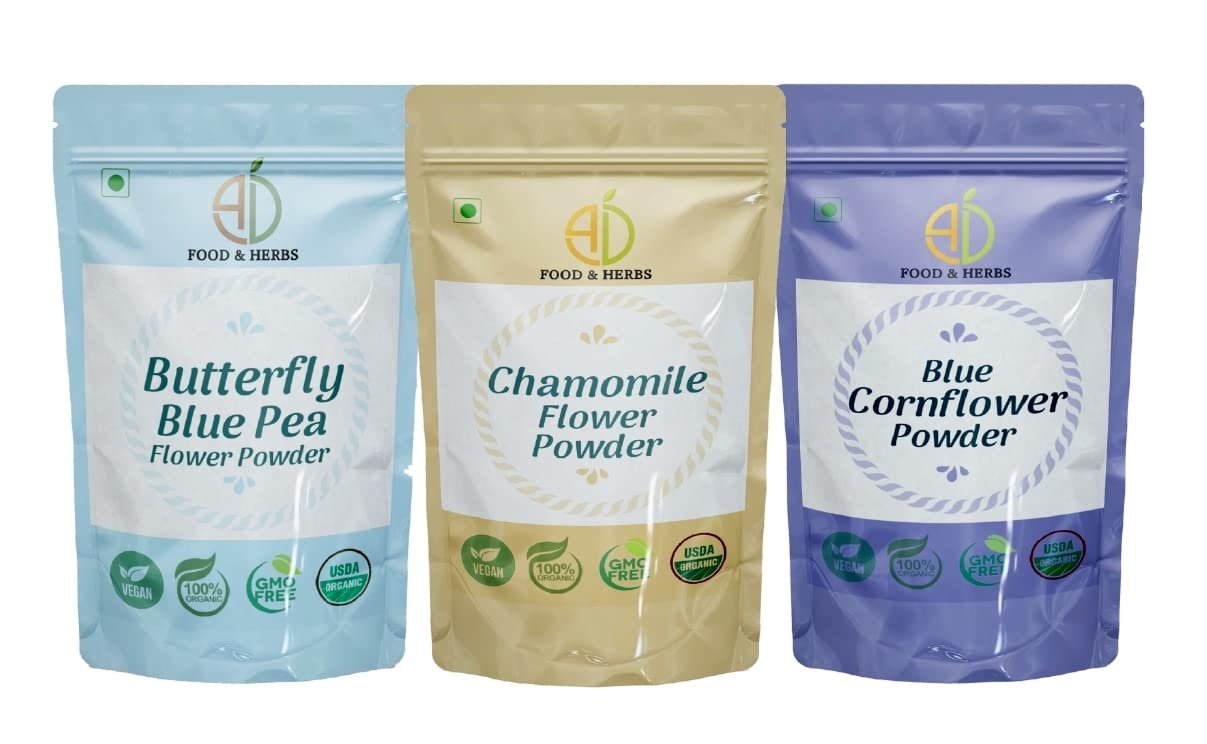 A D Food & Herbs Combo of Butterfly Pea Flower/Chamomile/Blue Corn Flower Powder Aromatic Edible for Homemade Lattes, Tea Blends, Bath Salts, Face packs & Body packs (100 GMS x Pack of 3)