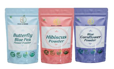 A D Food & Herbs Combo of Butterfly Pea Flower/hibiscus/Blue Corn Flower Powder Aromatic Edible for Homemade Lattes, Tea Blends, Bath Salts, Face packs & Body packs (250 GMS x Pack of 3)