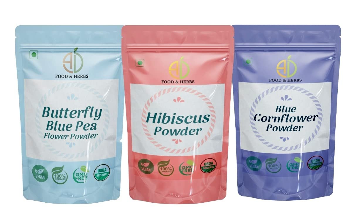 A D Food & Herbs Combo of Butterfly Pea Flower/hibiscus/Blue Corn Flower Powder Aromatic Edible for Homemade Lattes, Tea Blends, Bath Salts, Face packs & Body packs (100 GMS x Pack of 3)