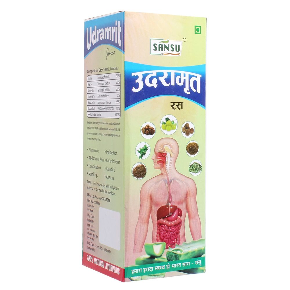SANSU Udramrit 500Ml| Enriched With Aloevera,Punarnava-Amla,Harad,Behra,Bhumi Amla,Pudina,Sanay,Kala Namak,Kalmegh -Suger Free, Syrup
