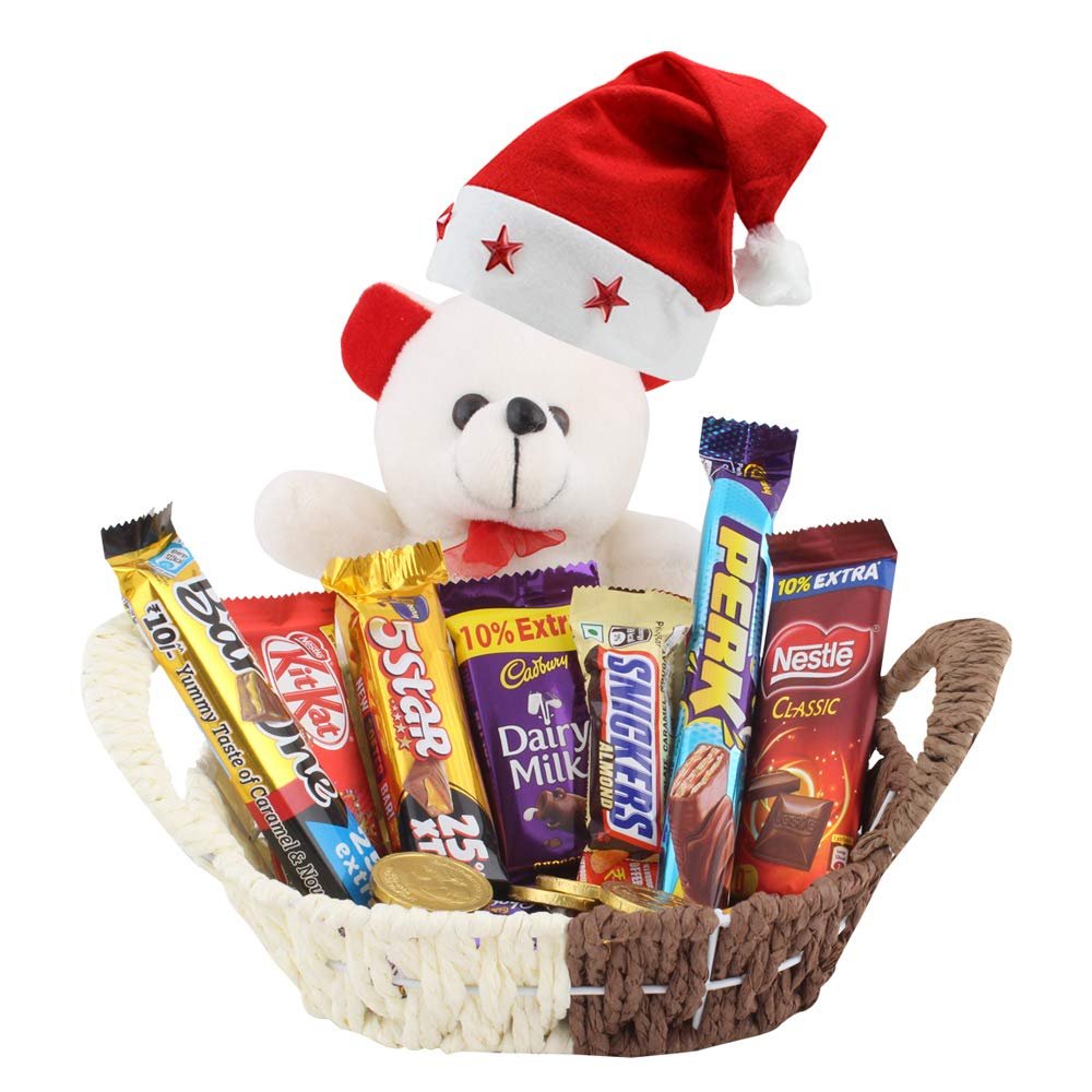 SFU E Com Chocolate with Cute Teddy Hamper| Premium Christmas Chocolate Gift Hamper | Chocolate Gift with Christmas Cap | 372