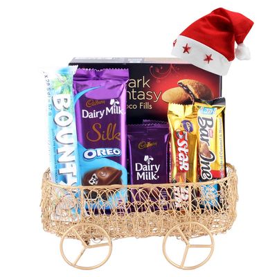 SFU E Com 6 Pieces Chocolates with Handmade Metal Basket Gift | Premium Christmas Chocolate Gift Hamper | Chocolate Gift with Christmas Cap | 615