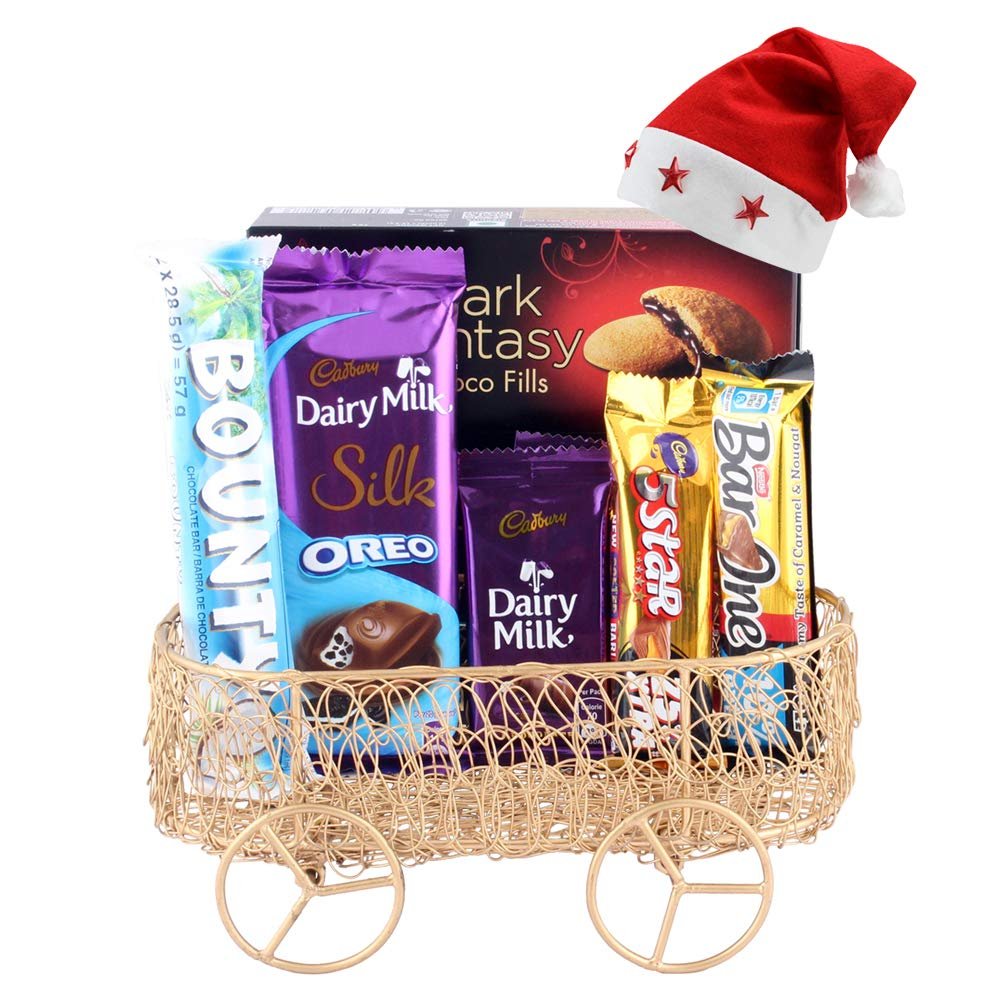 SFU E Com 6 Pieces Chocolates with Handmade Metal Basket Gift | Premium Christmas Chocolate Gift Hamper | Chocolate Gift with Christmas Cap | 615
