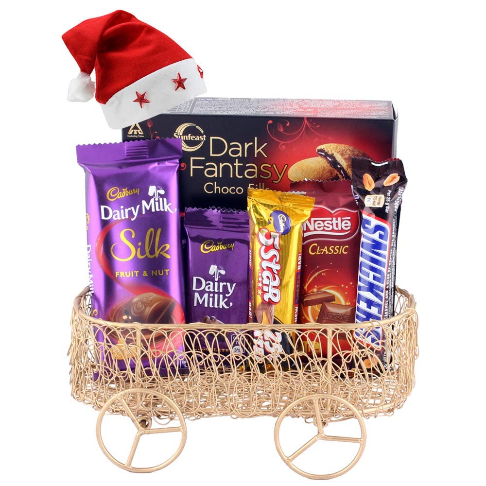 SFU E Com Chocolate Gift with Antique Basket| Premium Christmas Chocolate Gift Hamper | Chocolate Gift with Christmas Cap | 569