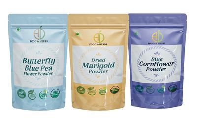 A D Food & Herbs Combo of Butterfly Pea Flower/Marigold/Blue Corn Flower Powder Aromatic Edible for Homemade Lattes, Tea Blends, Bath Salts, Face packs & Body packs (250 GMS x Pack of 3)