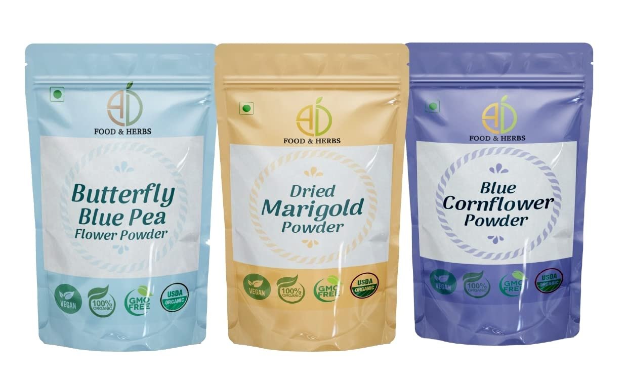 A D Food & Herbs Combo of Butterfly Pea Flower/Marigold/Blue Corn Flower Powder Aromatic Edible for Homemade Lattes, Tea Blends, Bath Salts, Face packs & Body packs (250 GMS x Pack of 3)
