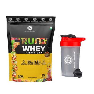Muscle Transform Fruity Whey Protein Isolate, 26g Protein, 5.5 BCAAs, 6g Glutamine, 15g EAA | Muscle-Building Whey Protein Supplement Powder, Refreshing Whey for Men Women [Rabdi Kulfi, 500g] Free Gym Shaker
