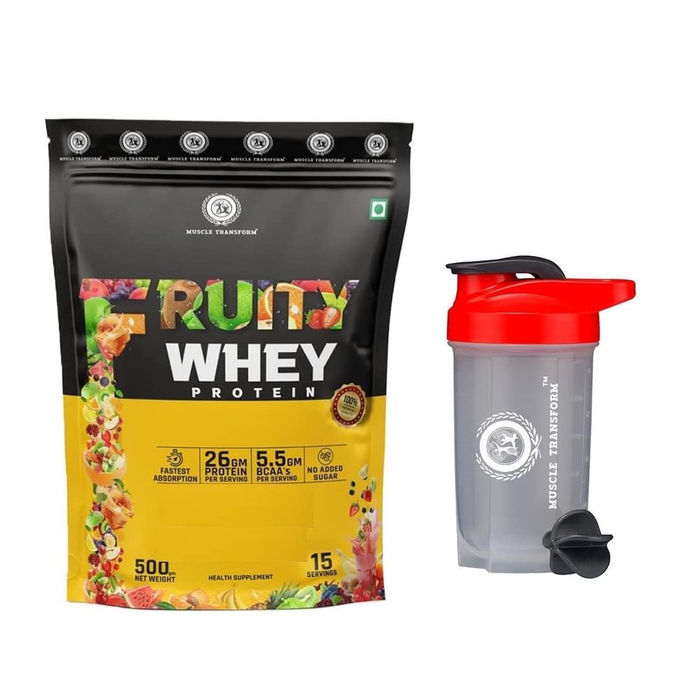 Muscle Transform Fruity Whey Protein Isolate, 26g Protein, 5.5 BCAAs, 6g Glutamine, 15g EAA | Muscle-Building Whey Protein Supplement Powder, Refreshing Whey for Men Women [Rabdi Kulfi, 500g] Free Gym Shaker
