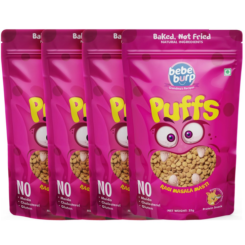 BE'BE' BURP Healthy Puff Snacks | Ragi Masala Masti | Baked Puffs, Not Fried, Protein Snacks | No Maida & Gluten-Free | Travel-Friendly | 35gms Each (Pack of 4)