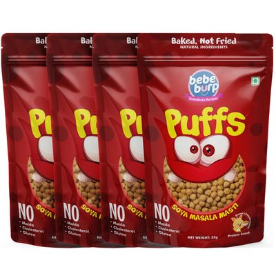 BE'BE' BURP Healthy Puff Snacks | Soya Masala Masti | Baked Puffs, Not Fried, Protein Snacks | No Maida & Gluten-Free | Travel-Friendly | 35gms Each (Pack of 4)