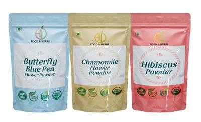 A D Food & Herbs Combo of Butterfly Pea Flower/Hibiscus/Chamomile Flower Powder Aromatic Edible for Homemade Lattes, Tea Blends, Bath Salts, Face packs & Body packs (100 GMS x Pack of 3)