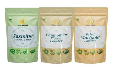 A D Food & Herbs Combo of Jasmine/Marigold/Chamomile Flower Powder Aromatic Edible for Homemade Lattes, Tea Blends, Bath Salts, Face packs & Body packs (250 GMS x Pack of 3)