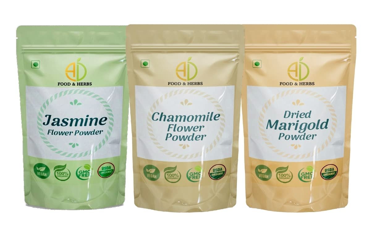A D Food & Herbs Combo of Jasmine/Marigold/Chamomile Flower Powder Aromatic Edible for Homemade Lattes, Tea Blends, Bath Salts, Face packs & Body packs (250 GMS x Pack of 3)