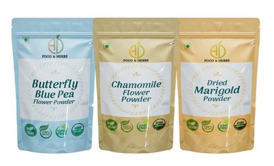 A D Food & Herbs Combo of Butterfly Pea Flower/Marigold/Chamomile Flower Powder Aromatic Edible for Homemade Lattes, Tea Blends, Bath Salts, Face packs & Body packs (50 GMS x Pack of 3)