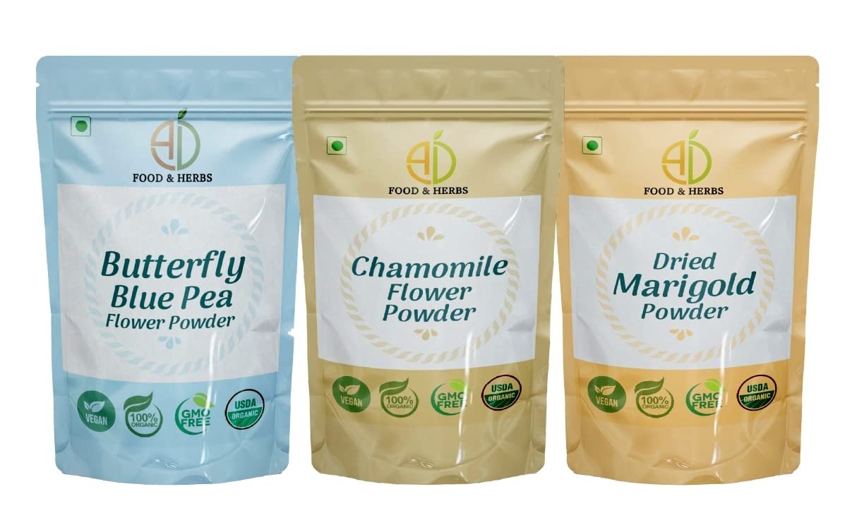 A D Food & Herbs Combo of Butterfly Pea Flower/Marigold/Chamomile Flower Powder Aromatic Edible for Homemade Lattes, Tea Blends, Bath Salts, Face packs & Body packs (50 GMS x Pack of 3)