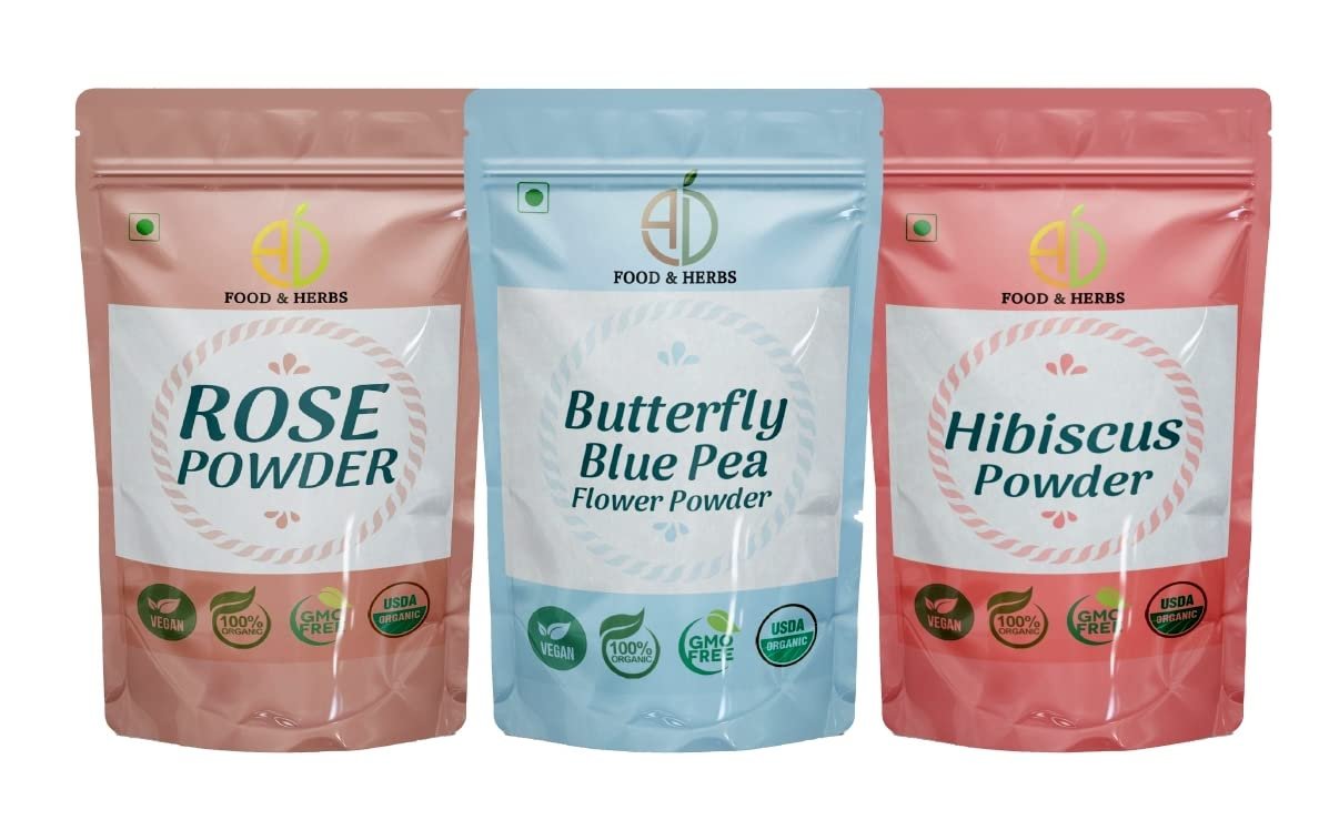 A D Food & Herbs Combo of Butterfly Pea Flower/Rose/Hibiscus Flower Powder Aromatic Edible for Homemade Lattes, Tea Blends, Bath Salts, Face packs & Body packs (100 GMS x Pack of 3)