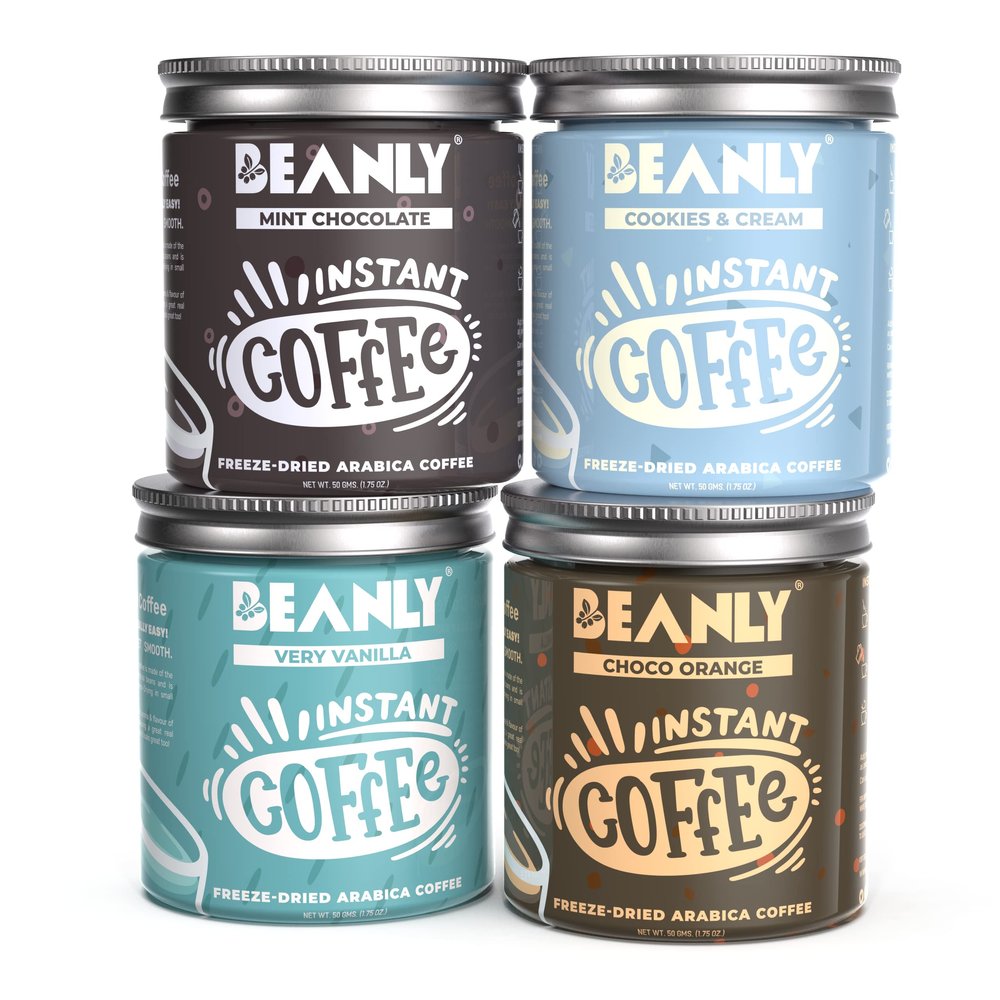 Beanly Coffee Pack of 4 Premium Instant Coffee Combo (Mint, Choco-Orange, Vanilla, Cookies & Creme) | 100% Arabica Freeze Dried | 50 Gram each