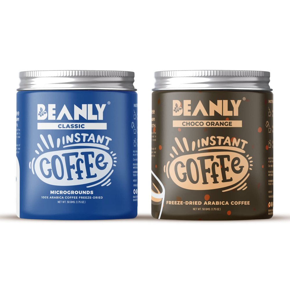 Beanly Instant Coffee Combo Pack Of 2 - Classic & Choco-Orange | Flavoured Coffees | 100% Arabica Freeze Dried Coffee | Makes 100 Cups | 50 Gram Each, Powder, Jar