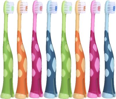 55Dental Kids Toothbrush Set of 8 Soft Giraffe Toothbrush for Kids 3-12. Easy-Grip, Bristle Cover, Self-Standing & Splited Bottom for Cup Rim. by Lix, 4 Colors