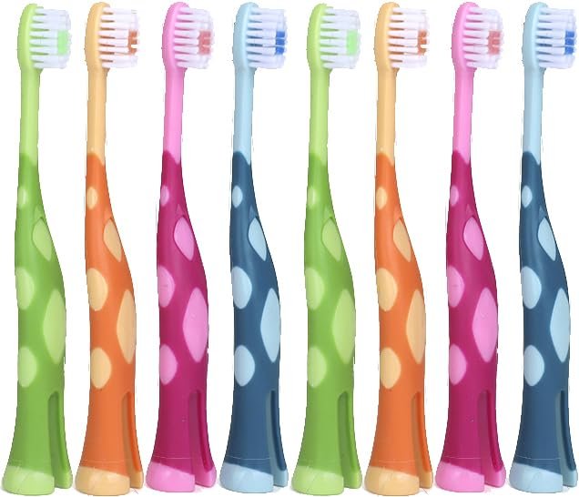 55Dental Kids Toothbrush Set of 8 Soft Giraffe Toothbrush for Kids 3-12. Easy-Grip, Bristle Cover, Self-Standing & Splited Bottom for Cup Rim. by Lix, 4 Colors