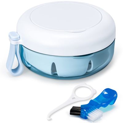 Leak Proof Denture Cup Kit Portable Retainer Case Perfect for Travel, Denture Case Container Cleaning Care for Dentures Aligner Mouth Guard with Denture Brush, Strainer, Removal Tool and Mirror,