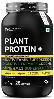 Carbamide Forte Vegan Protein Powder - Plant Based Protein Powder with Multivitamin, Minerals, Superfoods, Pea Protein, Digestive Enzymes | Alphonso Mango Flavour - 1Kg