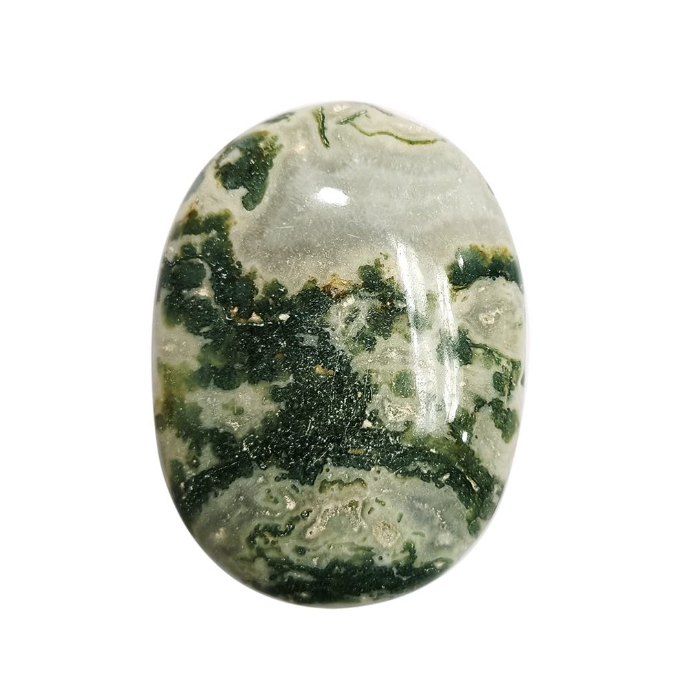 9Dzine Natural Polished Moss Agate Palm Stones Crystal, Oval Shape Gemstone For Relaxation, Meditation, Protection, and Reiki Healing, Anxiety Stress Relief Cabochon Stone (1 Piece)