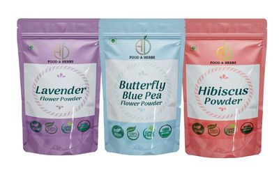 A D Food & Herbs Combo of Lavender/Butterfly Pea Flower/Hibiscus Flower Powder Aromatic Edible for Homemade Lattes, Tea Blends, Bath Salts, Face packs & Body packs (50 GMS x Pack of 3)