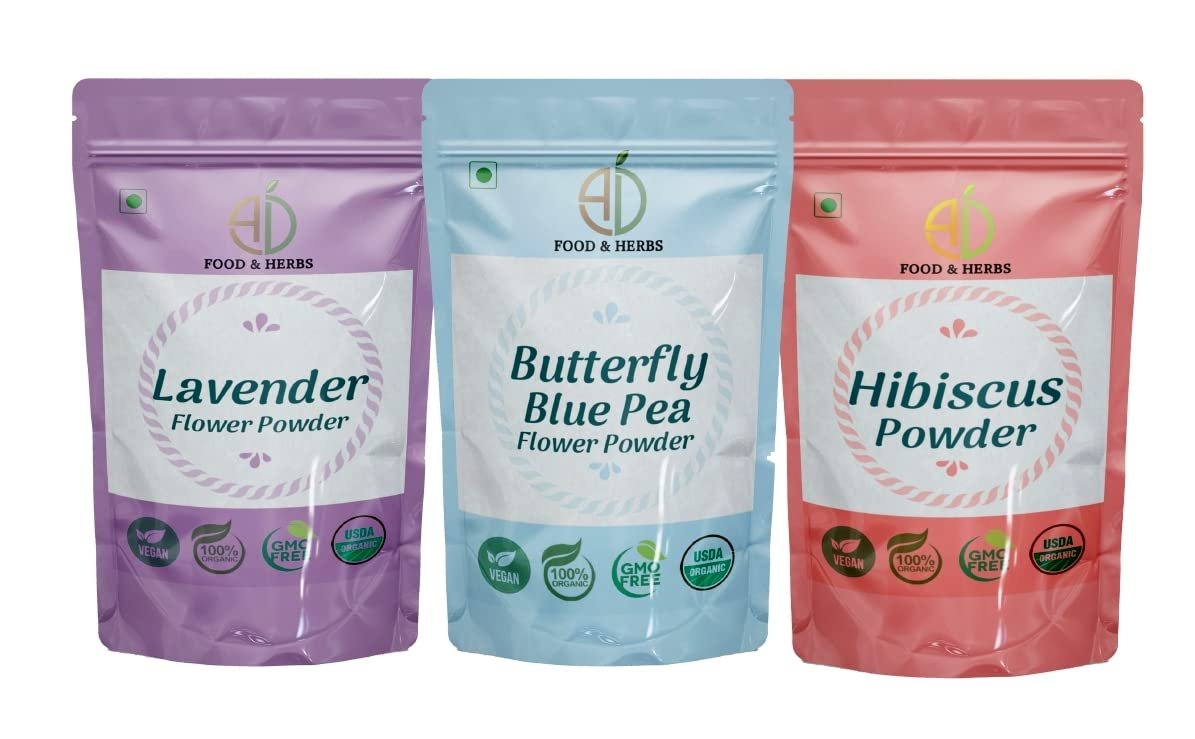A D Food & Herbs Combo of Lavender/Butterfly Pea Flower/Hibiscus Flower Powder Aromatic Edible for Homemade Lattes, Tea Blends, Bath Salts, Face packs & Body packs (50 GMS x Pack of 3)