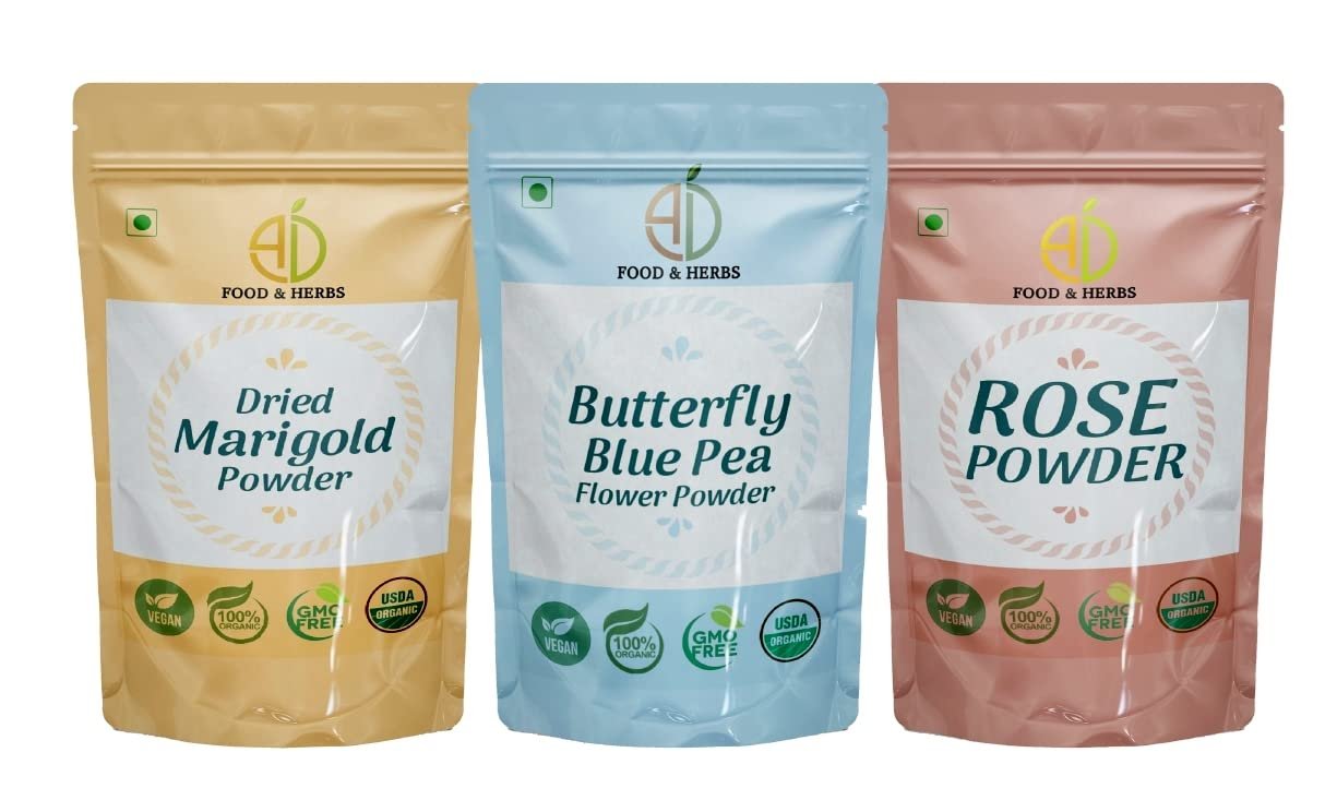 A D Food & Herbs Combo of Butterfly Pea Flower/Marigold/Rose Flower Powder Aromatic Edible for Homemade Lattes, Tea Blends, Bath Salts, Face packs & Body packs (250 GMS x Pack of 3)