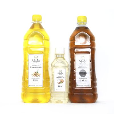 Anbudai Oil Combo Pack - Groundnut Oil / Peanut Oil 1000ml, Sesame Oil 1000ml, Coconut Oil 250ml