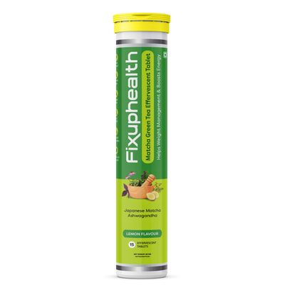 Fixuphealth Japanese Matcha Green Tea Effervescent Tablets with Ashwagandha Extract & Chromium Picolinate | Lemon Flavour | Energy, Metabolism & Wellness Support | 15 Dissolvable Tablets