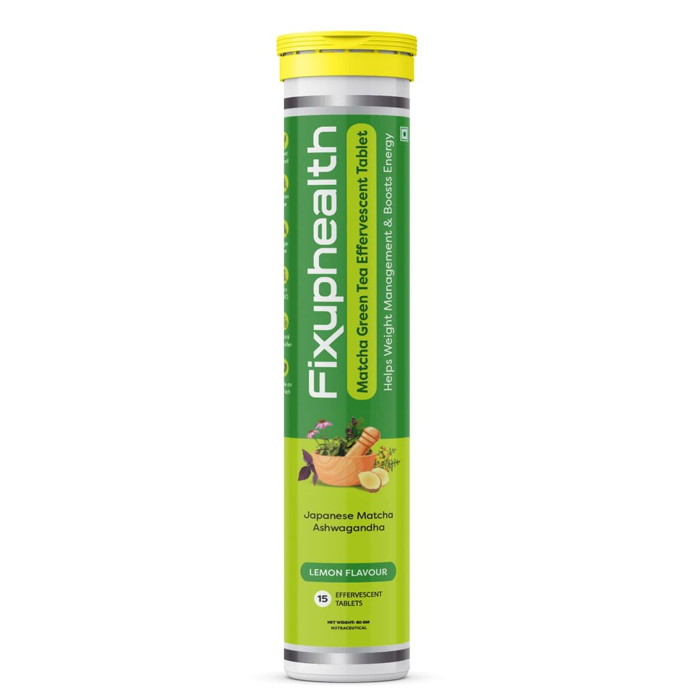 Fixuphealth Japanese Matcha Green Tea Effervescent Tablets with Ashwagandha Extract & Chromium Picolinate | Lemon Flavour | Energy, Metabolism & Wellness Support | 15 Dissolvable Tablets
