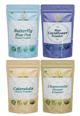 A D Food & Herbs Combo of Butterfly Pea/Blue Corn/Chamomile/Calendula Flower Powder Aromatic Edible for Homemade Lattes,Tea Blends,Bath Salts,Face packs & Body packs (50 GMS x Pack of 4)