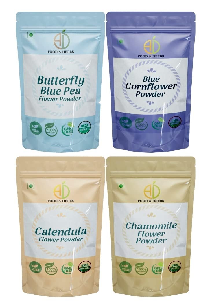 A D Food & Herbs Combo of Butterfly Pea/Blue Corn/Chamomile/Calendula Flower Powder Aromatic Edible for Homemade Lattes,Tea Blends,Bath Salts,Face packs & Body packs (50 GMS x Pack of 4)