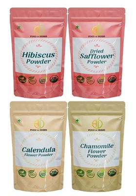 A D Food & Herbs Combo of Safflower/Hibiscus/Chamomile/Calendula Flower Powder Aromatic Edible for Homemade Lattes,Tea Blends,Bath Salts,Face packs & Body packs (250 GMS x Pack of 4)