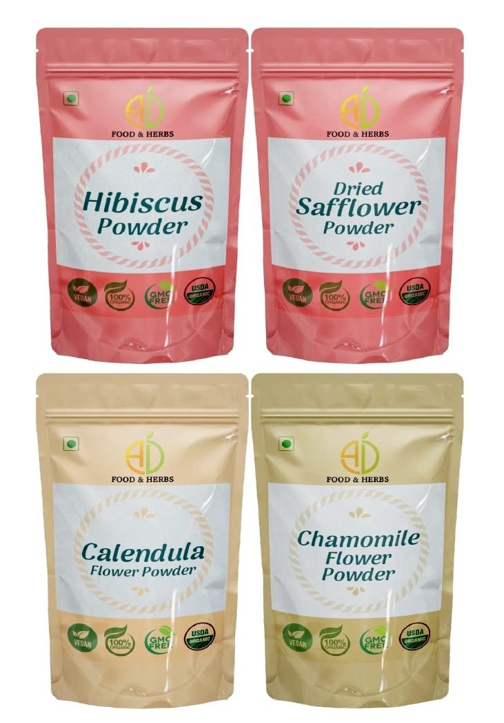 A D Food & Herbs Combo of Safflower/Hibiscus/Chamomile/Calendula Flower Powder Aromatic Edible for Homemade Lattes,Tea Blends,Bath Salts,Face packs & Body packs (100 GMS x Pack of 4)