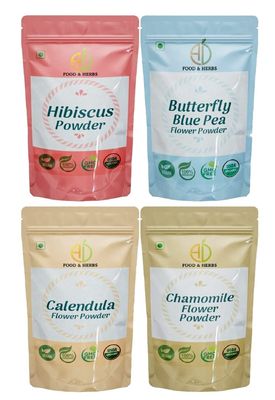 A D Food & Herbs Combo of Butterfly Pea/Hibiscus/Chamomile/Calendula Flower Powder Aromatic Edible for Homemade Lattes,Tea Blends,Bath Salts,Face packs & Body packs (250 GMS x Pack of 4)