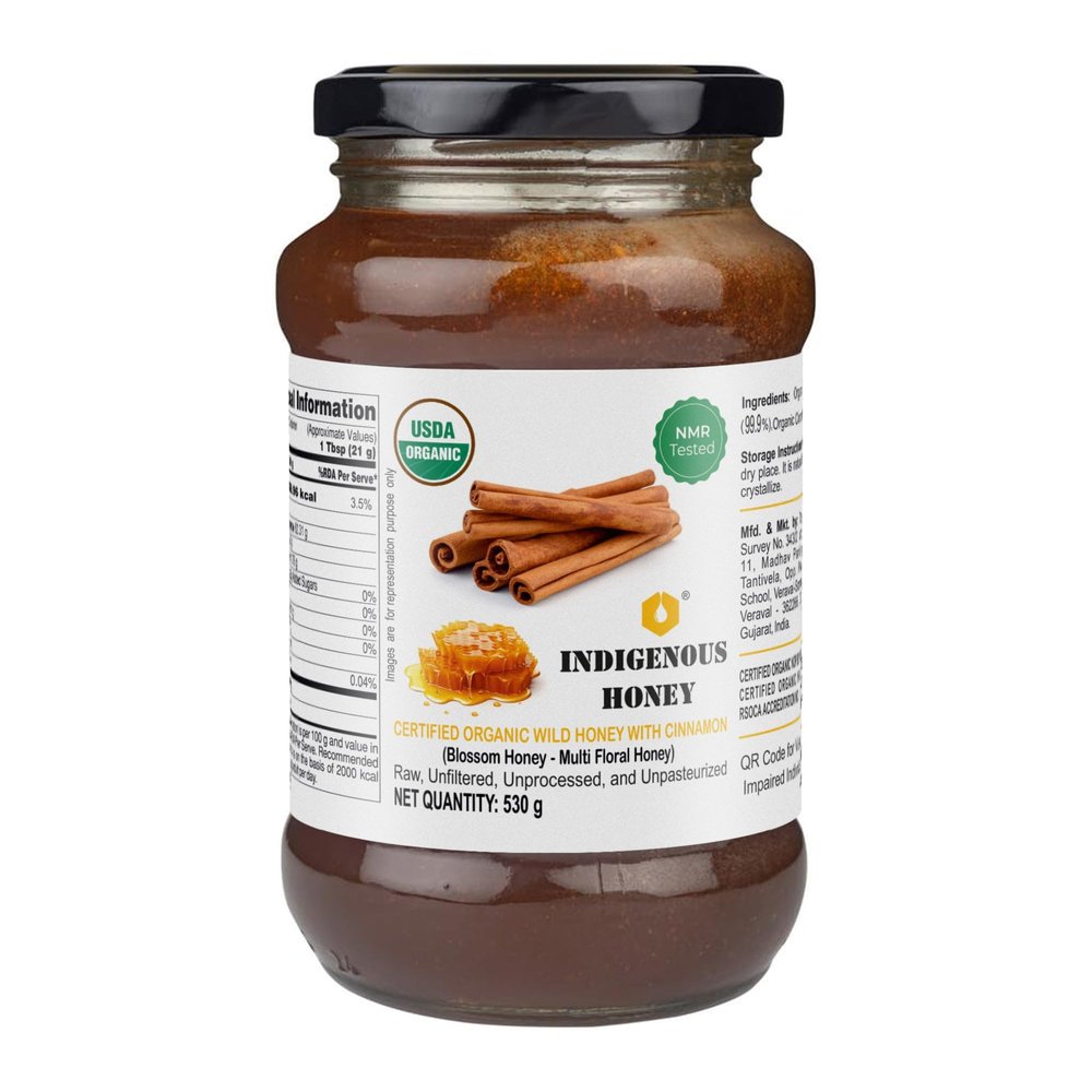 INDIGENOUS HONEY Raw Organic Honey with infused Cinnamon NMR Tested NPOP Organic Certified Pure Natural Unprocessed Sugar free Honey Immunity Booster- 530 g Glass Jar