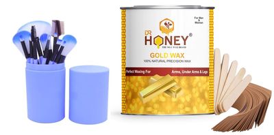DR HONEY hair removal gold wax 600 gram and Makeup Brush (pack of 12) Eye-Shadow Makeup Brush Set blue box
