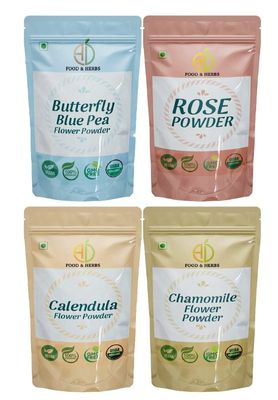 A D Food & Herbs Combo of Butterfly Pea/Rose/Chamomile/Calendula Flower Powder Aromatic Edible for Homemade Lattes,Tea Blends,Bath Salts,Face packs & Body packs (50 GMS x Pack of 4)