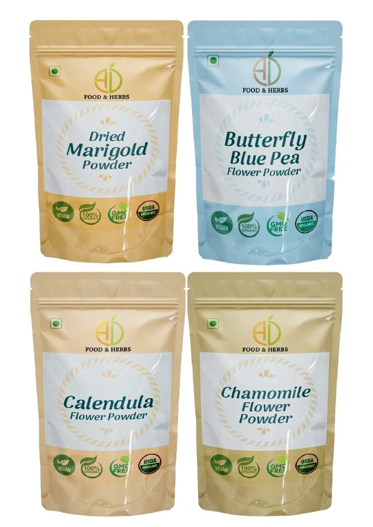 A D Food & Herbs Combo of Butterfly Pea/Marigold/Chamomile/Calendula Flower Powder Aromatic Edible for Homemade Lattes,Tea Blends,Bath Salts,Face packs & Body packs (50 GMS x Pack of 4)