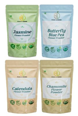 A D Food & Herbs Combo of Jasmine/Butterfly Pea/Chamomile/Calendula Flower Powder Aromatic Edible for Homemade Lattes,Tea Blends,Bath Salts,Face packs & Body packs (250 GMS x Pack of 4)