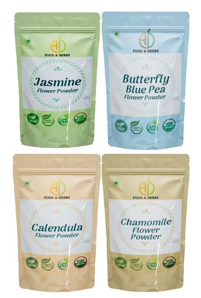 A D Food & Herbs Combo of Jasmine/Butterfly Pea/Chamomile/Calendula Flower Powder Aromatic Edible for Homemade Lattes,Tea Blends,Bath Salts,Face packs & Body packs (250 GMS x Pack of 4)