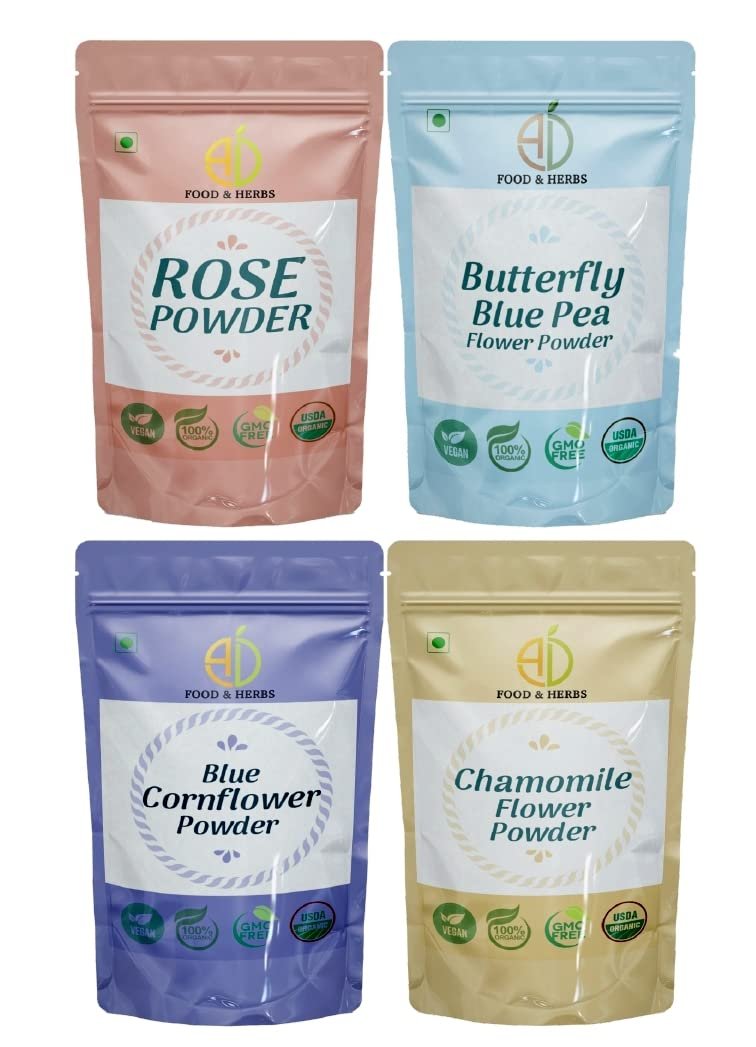 A D Food & Herbs Combo of Butterfly Pea/Rose/Blue Corn/Chamomile Flower Powder Aromatic Edible for Homemade Lattes,Tea Blends,Bath Salts,Face packs & Body packs (100 GMS x Pack of 4)