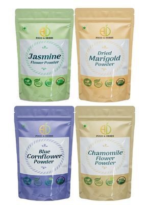 A D Food & Herbs Combo of Jasmine/Marigold/Blue Corn/Chamomile Flower Powder Aromatic Edible for Homemade Lattes,Tea Blends,Bath Salts,Face packs & Body packs (100 GMS x Pack of 4)