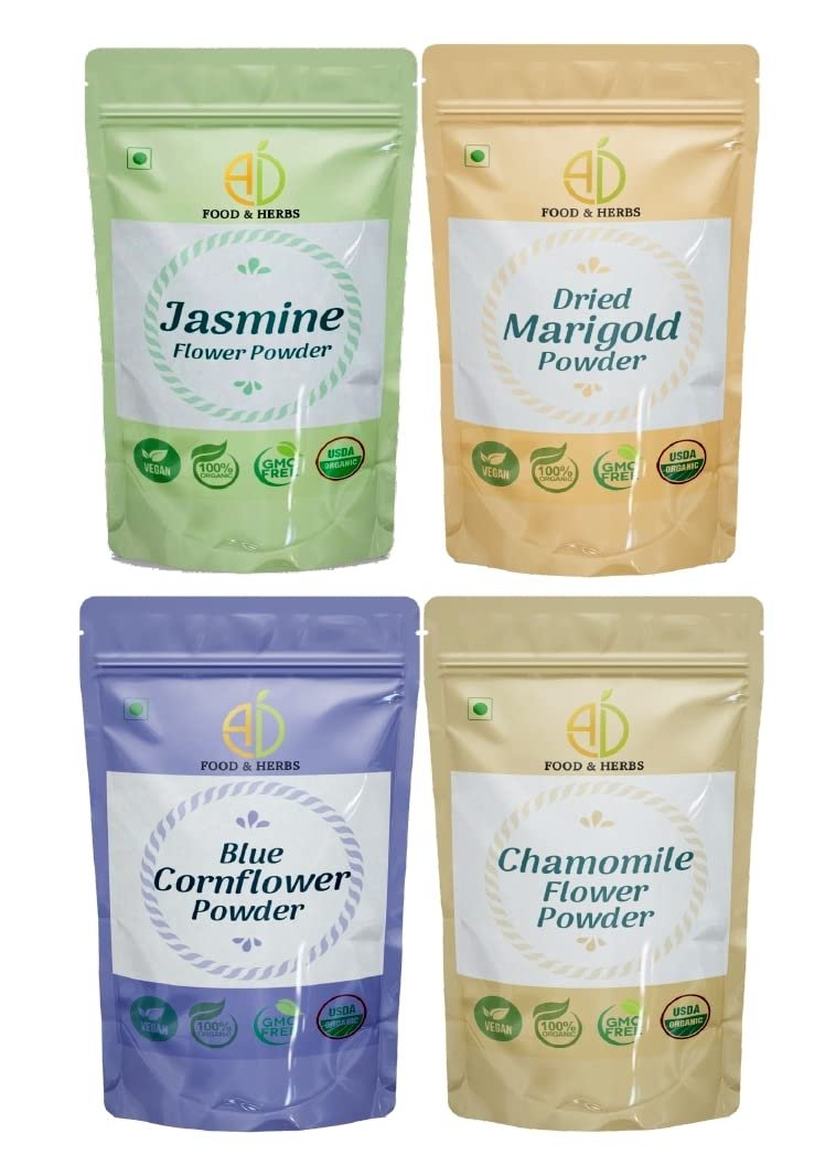 A D Food & Herbs Combo of Jasmine/Marigold/Blue Corn/Chamomile Flower Powder Aromatic Edible for Homemade Lattes,Tea Blends,Bath Salts,Face packs & Body packs (100 GMS x Pack of 4)