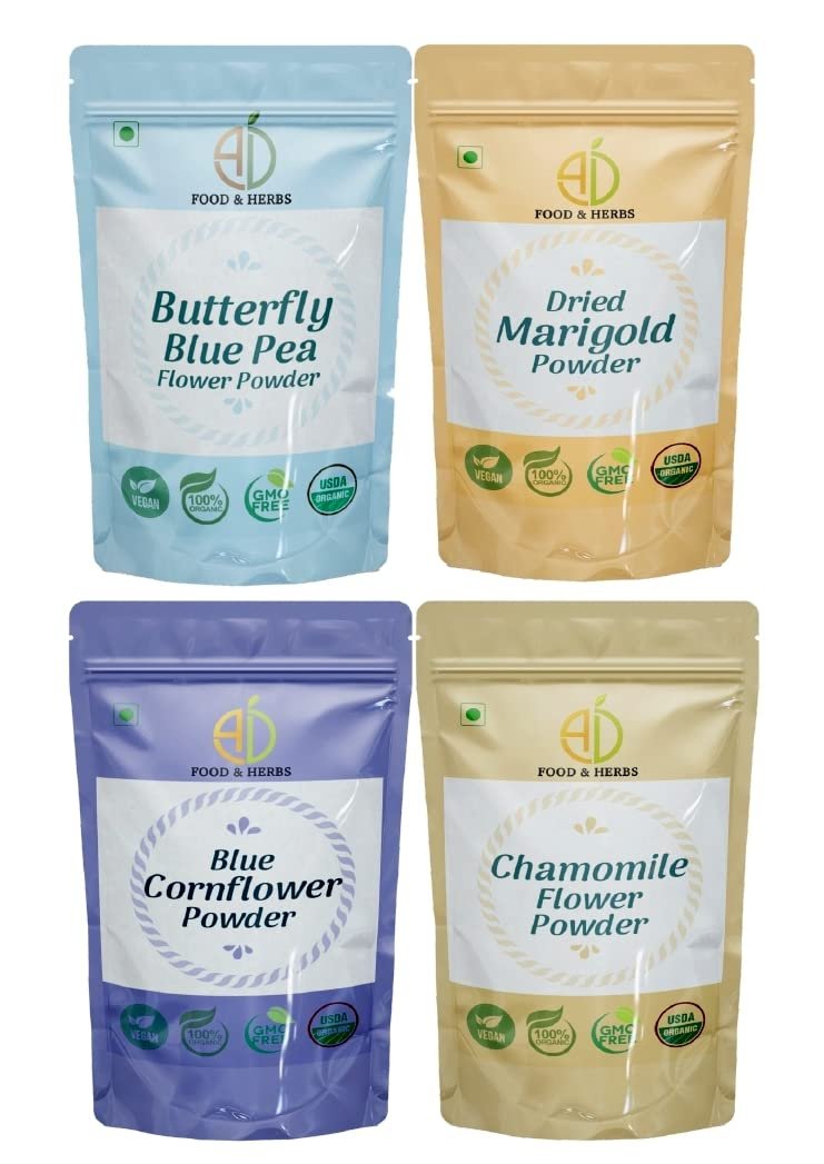 A D Food & Herbs Combo of Butterfly Pea/Marigold/Blue Corn/Chamomile Flower Powder Aromatic Edible for Homemade Lattes,Tea Blends,Bath Salts,Face packs & Body packs (100 GMS x Pack of 4)