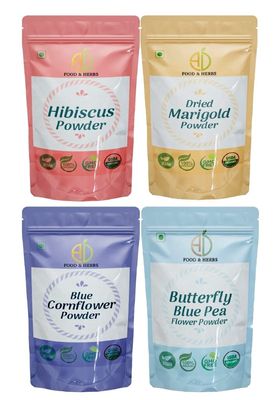 A D Food & Herbs Combo of Butterfly Pea/Marigold/Hibiscus/Blue Corn Flower Powder Aromatic Edible for Homemade Lattes,Tea Blends,Bath Salts,Face packs & Body packs (50 GMS x Pack of 4)